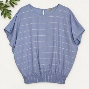 Samansa Mos2 Top Blue White Striped Smocked Hem Dolman Sleeve Mori Girl Sz M